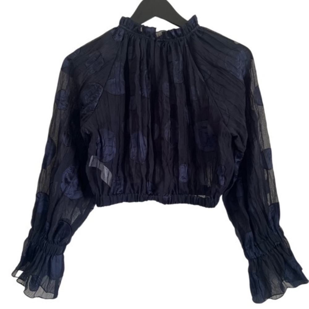 Zara Cropped Polka Dot Blouse Organza Navy Blue Size XS